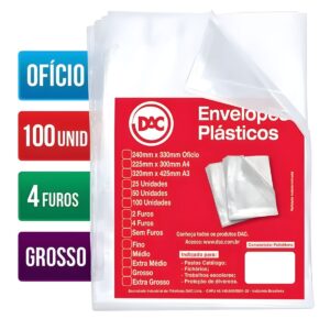 Envelopes Plásticos Ofício Grosso com 4 Furos 100 unid - Dac